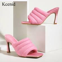 Kcenid sapato de salto alto feminino, chinelo alto sexy quadrado para mulheres de malha grossa rosa 2021 2024 - compre barato