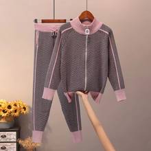 Knitted Tracksuit Woman 2020 Winter New Women Turtleneck Zipper Casual Fashion knitted Striped Cardigans+Long Pants 2 Piece Set 2024 - buy cheap