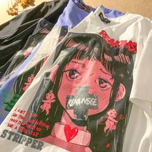 Verão nova personalidade coreana camiseta de manga curta streetwear escuro impressão dos desenhos animados solto casual o-pescoço topo y2k 2024 - compre barato
