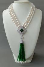 3 Strands White baroque Pearl Necklace CZ zircon pave flower Green Jade Pendant tassel 2024 - buy cheap