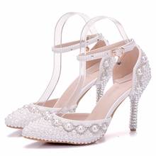 Zapatos de boda con perlas blancas para mujer, calzado de tacón alto para vestido de novia, sandalias de fiesta, hebillas 2024 - compra barato