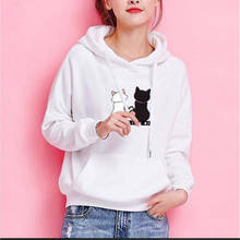 Moletom feminino com capuz, estampa animal, gato, kawaii, preto, kpop, moletom gráfico, amor, streetwear 2024 - compre barato