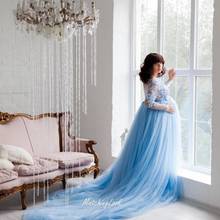 Elegant Blue Tulle Maternity Dresses With Long Train   Long Sleeves Lace With Beadings Sheer Soft Tulle   Pregnancy Dress 2024 - buy cheap