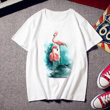 Camiseta con estampado de flamenco para mujer, camiseta blanca informal, camiseta de manga corta de dibujos animados para mujer 2024 - compra barato