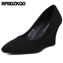 Suede Size 4 34 Blue Casual Shoes Women 8cm Wine Red 2021 Medium Heels Cheap Slip On Wedge High 33 Pointed Toe Pumps Black Brown 2024 - buy cheap