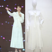 kpop IU Lee Ji Eun Office Lady White Bow-knot elegant dress Women Dress Autumn new temperament Long Sleeve A Line Party Dresses 2024 - buy cheap