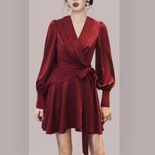 Seiwnibu, женское мини-платье с рукавом-фонариком, подиум, Осень-зима, красное вино, галстук, бант, сексуальное платье с v-образным вырезом, винтажные вечерние платья 2024 - купить недорого