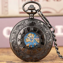 Механические карманные часы с ручным заводом, прозрачные карманные часы-скелетоны в стиле ретро, черные/бронзовые, подарок для мужчин 2024 - купить недорого