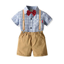 2-8Y Summer Gentleman Infant Baby Boys Clothes Sets Short Sleeve Single Breasted Blue Tops Bow Tie Overalls Shorts 2024 - buy cheap