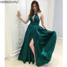 HONGFUYU Sexy O-neck Side Split Prom Dresses 2021 Dark Green Satin Evening Gowns vestidos de festa longo Dresses Women Party 2024 - buy cheap
