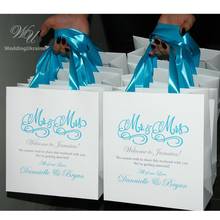 Sacos de boas-vindas personalizados do casamento de mr & mrs com fita azul claro e nomes elegante azul e prata favor do casamento para convidados 2024 - compre barato