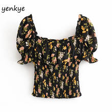 Vintage Floral Print Crop Top Women Sexy Square Neck Puff Sleeve Elastic Summer Chiffon Tops blusa   OMZZ6889 2024 - buy cheap
