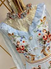 Azul designer runway moda manga longa renda babados flor impressão magro elegante festa de férias midi vestido 2024 - compre barato