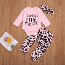 Baby Girls Outfit Spring Autumn Sweet Long Sleeve Round Collar Letter Romper + Leopard Print Long Pants + Bow Headwear Set 2024 - buy cheap