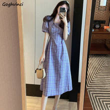 Dresses Women Plaid Mid-calf Short Sleeve Square Collar A-line Slim Korean Style Vintage Kawaii Sweet Ladies Casual Elegant Chic 2024 - buy cheap