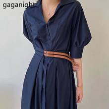 Gaganight-vestido Vintage de verano para mujer, vestido largo liso de manga corta abombada con cuello vuelto, elegante, con fajas, para fiesta 2024 - compra barato