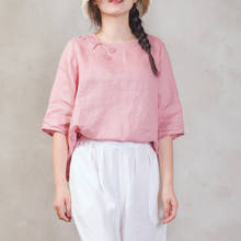 LZJN 100% Linen Blouses Women 2020 Summer Short Sleeve Shirt Elegant Solid Butterfly Knot Buttons Pullover Feminine Tops 2024 - buy cheap