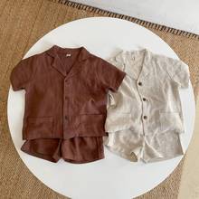 Conjuntos de ropa para bebé, niño y niña, camisa + pantalón corto de lino para bebé, niño pequeño, botón de manga corta, ropa para bebé de 1 a 7 años 2024 - compra barato