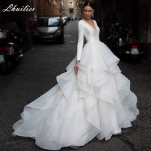 Lhuilier A-line V-neck Tiered Satin Wedding Dresses 2020 Long Sleeves Ruffled Organza Bridal Dress Court Train 2024 - buy cheap