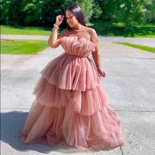 Fashion Dusty Pink High Low Tulle Formal Party Dresses Women 2020 Off The Shoulder Puffy Ruffles Tiered Prom Gowns 2024 - buy cheap