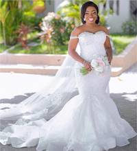 African 2021 Mermaid Wedding Dresses Plus Size Crystal Off the Shoulder Lace Appliques Bridal Gowns For Black Girls Tulle 2024 - buy cheap