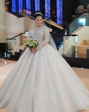 Свадебное платье принцессы, бальное платье невесты с длинными рукавами, аппликацией из бисера и драгоценным вырезом, со шлейфом, на заказ, 2021 2024 - купить недорого