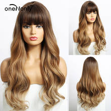 Onenonly-peruca longa ondulada ombré, peruca de cabelo sintético marrom escuro com franja, moda diária feminina 2024 - compre barato
