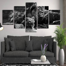 Quadros de arte em tela, 5 peças, fundo preto, leão, pintura, estampas modernas, poster de animas, arte de decoração para casa 2024 - compre barato