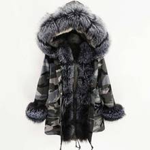 Jaqueta camuflada feminina, casaco longo com gola de pele e pelo de raposa real, forro com capuz, parka de inverno 2021 2024 - compre barato