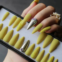 Лимоно-желтый кристалл блеск DIY салон длинные искусственные ногти цвета шампанского металлические обнаженные накладные ногти частная этикетка 2024 - купить недорого
