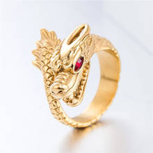 Anéis cabeça de dragão para homens, anéis de aço inoxidável estilo punk rock com pedra vermelha, joias de festa personalizadas para homens 2019 2024 - compre barato