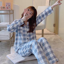 2 pçs xadrez feminino pijamas conjuntos de manga comprida pijamas feminino turn-down collar pijamas pijamas casual pijamas 2024 - compre barato