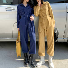 2021 New Women Spring Casual Wide Leg Long Jumpsuits Full Sleeve Single Breasted Loose Rompers with Sashes 2024 - buy cheap