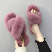 Cross Band flats slippers women home slip on fur shoes winter warm peluche mules slides open toe furry girls outdoor flip flops 2024 - buy cheap