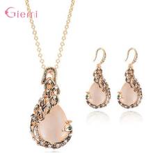 New Fashion 925 Sterling Silver Elegant Jewelry Sets Gold Color Clear Waterdrop Opal Pendant Necklace Earrings For Women 2024 - buy cheap