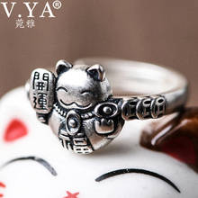 V.YA Vintage 990 Pure Silver Retro Blessing Cat Open Ring for Women Simple Fashion Adjustable Ring Fine Jewelry 2024 - buy cheap