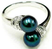 Fashion Double Genuine Black Pearl White Gold Plated Crystal Ring Size: 6.7.8.9 2024 - buy cheap