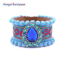 Leather bracelet blue crystal stone bracelets for women bohemian European retro pattern charm magnetic buckle bracelet jewelry 2024 - buy cheap