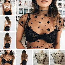 Women Sexy  Mesh See Through T Shirt 2021 Fashion Hollow Transparent Undershirt Star Dot Base Top Camisas Femininas Clubwear 2024 - buy cheap