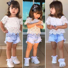 Summer Kids Baby Girl Clothes Lace Floral Shirt Blouse Tops+Denim Shorts Jeans Clothes Sunsuit Set 2024 - buy cheap