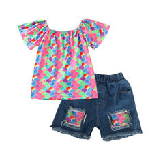 Conjunto de roupas infantis meninas, 2 peças, blusa estampada de bolinhas + shorts jeans, roupa para crianças 2024 - compre barato
