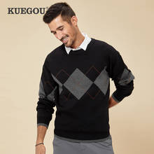Kuegou roupa de outono inverno blusa masculina de algodão contraste de cor forte jacquard quente pulôver da moda dos homens 2024 - compre barato