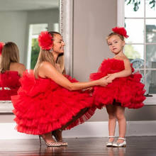 Красные пышные платья на заказ для маленьких девочек, платье на день рождения для младенцев, платье с прозрачным воротником для мамы, Детские Платья До Колена Для фотосъемки 2024 - купить недорого