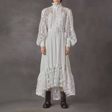 Vestido de verão de renda maxi feminino bordado com manga lanterna de cintura alta com cinto 2024 - compre barato