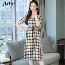 Jielur Plaid Dress Women Elegant Turn-down Collar Ladies Dresses Short Sleeve Summer Dress Harajuku Korean Vestidos Mujer S-XL 2024 - buy cheap