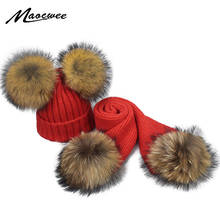 Autumn Winter Parent-child Fur Pompon Hat And Scarf Set Women Crochet Knitted Wool Beanies Caps Hats With Natural Fur Pom Pom 2024 - buy cheap