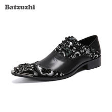 Batzuzhi sapatos masculinos de couro genuíno, sapatos pretos formais para homens de negócios, sapatos de metal ponteagudo para negócios/festa 2024 - compre barato