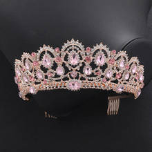 Tiara para casamento forseven, acessório de luxo para festa de casamento, com cristais, ouro rosa brilhante 2024 - compre barato