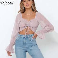 Yojoceli Sexy print ruffle short blouse women Autumn elegant casual female top blusas Chiffon cool chic crop tops 2024 - buy cheap