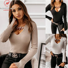 Sexy Women Solid Color Sweaters Chain Decor V-Neck Long Sleeve Spring Autumn Slim Pullovers Top for Streetwear 2024 - buy cheap